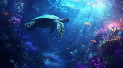 Fototapeta premium Swimming sea turtle in vibrant coral reef underwater scene marine environment nature view