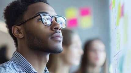 Project manager presenting ideas to the team in a modern, open workspace