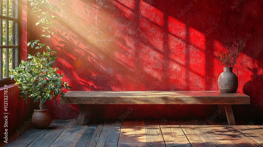 Fototapete Sunlight streams through a window, illuminating a rustic wooden table set against a bold red wall with a shadow play that enhances the tranquil atmosphere. A potted plant and vase add subtle charm