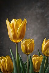 Obraz premium Close-up of a bright fresh yellow tulip in shallow depth of field. Bouquet of spring yellow tulips close-up