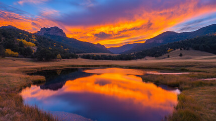 Obraz premium Mountain Lake Sunset: A breathtaking landscape of vibrant colors paints the sky as the sun dips below the horizon, casting a fiery reflection on a tranquil mountain lake.
