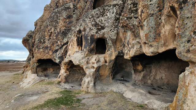 Memec Rock Settlements in Doger town in Ihsaniye district of Afyonkarahisar province in a rainy autumn day.