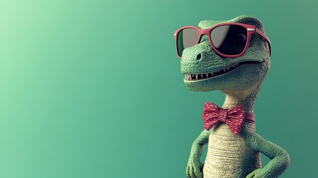 A cool dinosaur wearing sunglasses and a bowtie smiles against a green background.