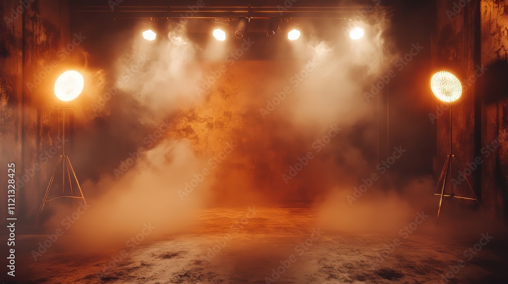 Poster a dramatic background featuring a warm, smoky atmosphere illuminated by soft spotlights, creating an