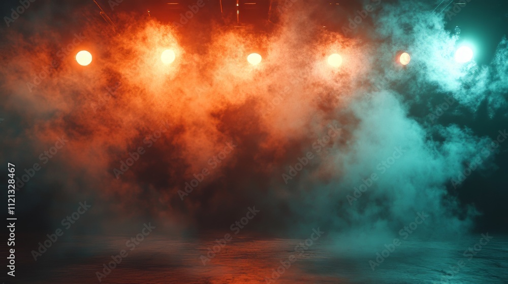 Poster a dramatic background featuring a warm, smoky atmosphere illuminated by soft spotlights, creating an