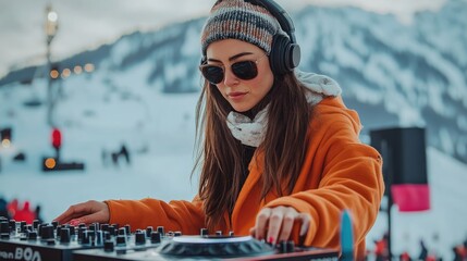 A DJ in warm winter attire mixes vibrant beats outdoors as the sun sets behind majestic snowy peaks, creating an energetic atmosphere