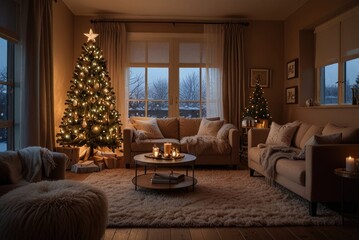 Obraz premium Cozy living room decorated for christmas with lit tree and ambient lighting
