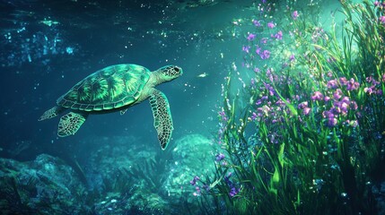 Underwater adventure sea turtle swimming in vibrant coral reef ocean depths nature photography