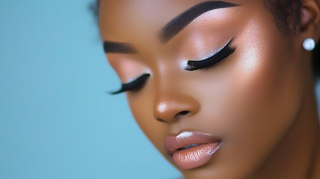 A woman with long lashes and a white face - Powered by Adobe