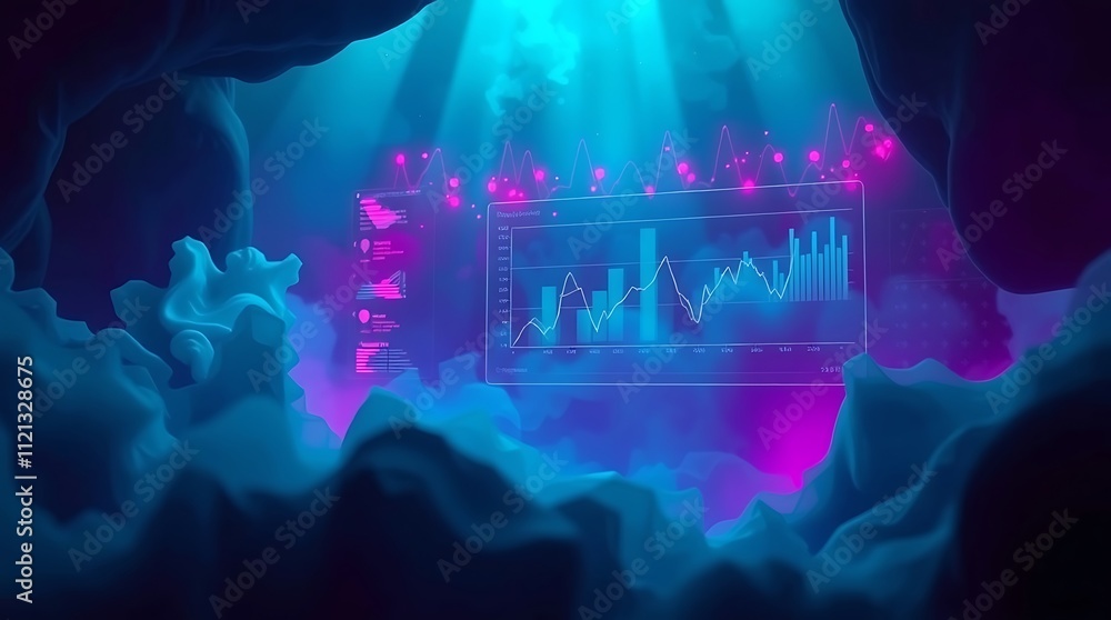Poster data cave: a mysterious and futuristic scene with a glowing blue and pink light illuminating a hidde
