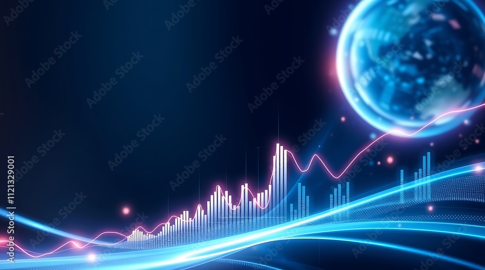 Aufkleber global growth & innovation: a dynamic abstract background with a glowing globe, a rising line graph,