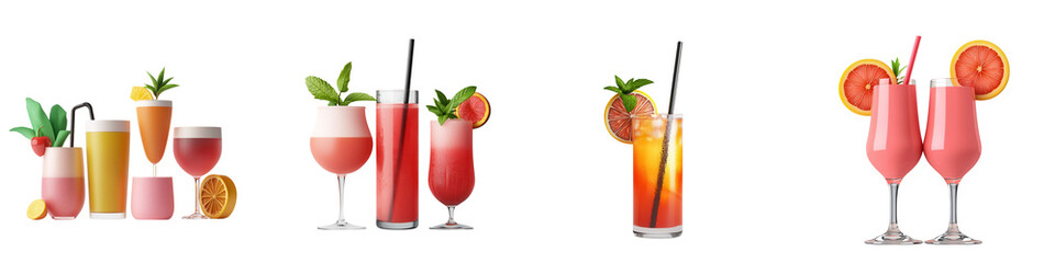 Colorful cocktails and drinks with garnishes for festive party atmosphere, isolated on transparent background.