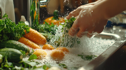 Fresh vegetables being washed in sink, creating lively splash of water