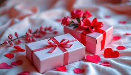 Obraz premium Romantic Valentine's Day Gift Setup with Flowers and Heart Shaped Decor