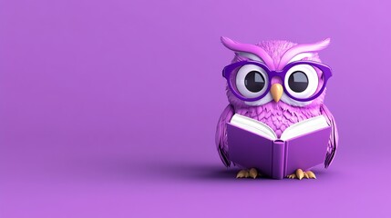 A cute purple cartoon owl wearing glasses reads a purple book.