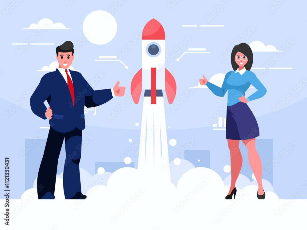 Poster teamwork concept. standing businessman with thumb up dressed in a business suit. standing businesswo