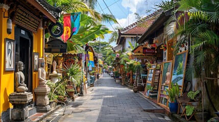 Sunny street with colorful shops and tropical plants.