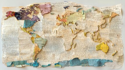 Vintage World Map Collage Art, Wrinkled Paper Texture, Handwritten Notes, Global Travel Concept