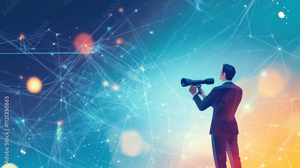 Poster a businessman looks through a telescope at a network of interconnected lines and dots.