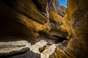 Geological rock formations in canyons around Montana Blanca, Lanzarote, Spain