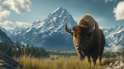 Bison in front of grand teton mountain range with grass in foreground. wildlife. Ultra realistic. Photorealistic hypermaximalist hyper realistic fine detail
