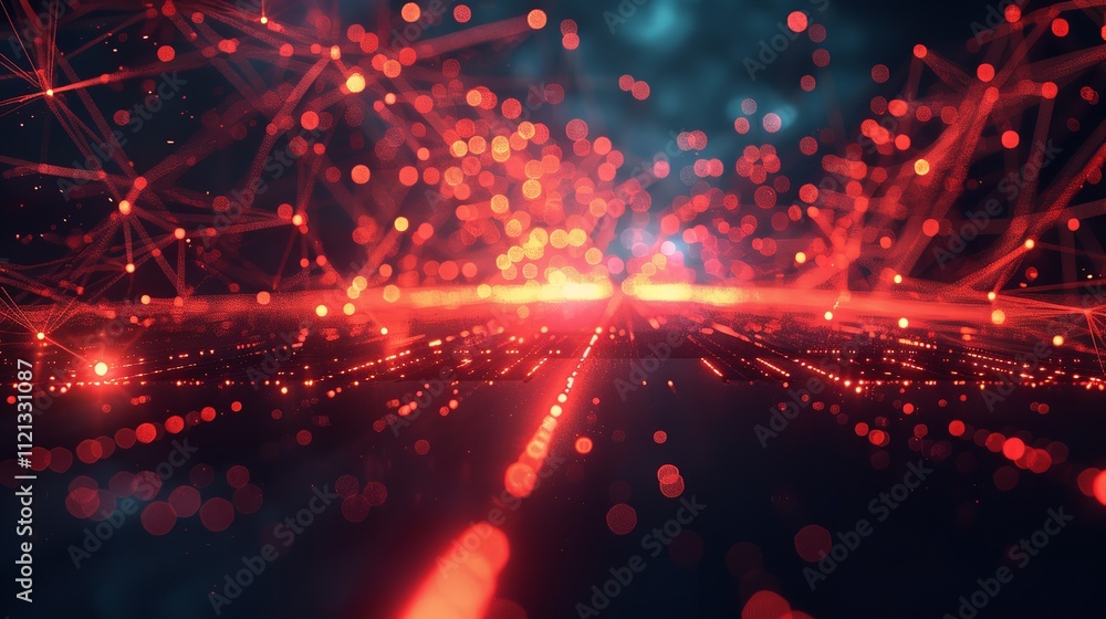 Poster a digital rendering of an abstract network landscape, with glowing connections representing data flo
