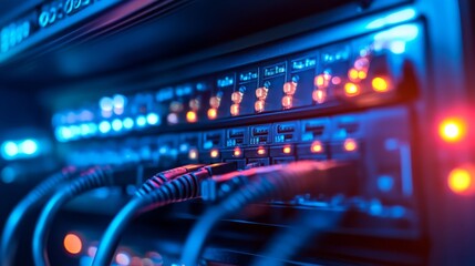 Obraz premium A close-up of a fiber optic cable connection in a server room, the cables glowing faintly with transmitted data, the lights of the servers flickering in the background