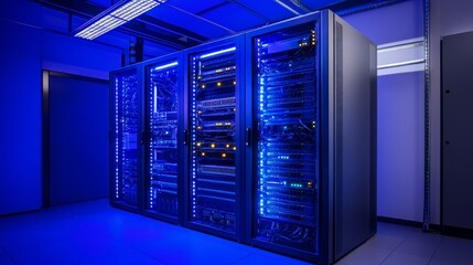 A brightly lit server room with rows of sleek, modern servers, blue and green LED lights flickering on the racks, cables neatly organized and running across the floor