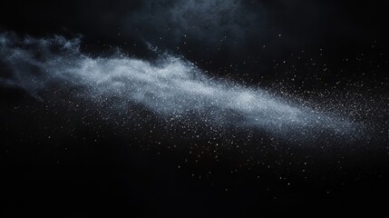 Black matte textured background with floating dust particles illuminated by soft light in the top right corner, creating a deep contrast between black and white. this abstract design emphasizes 