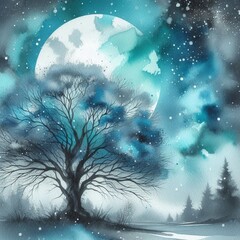 watercolor art, blue image of the tree against a night sky, in the style of turquoise and gray, mysterious dreamscapes, light turquoise and light gray, naturecore, monochromatic color scheme, light te