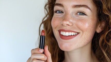 A woman is holding a lipstick and smiling