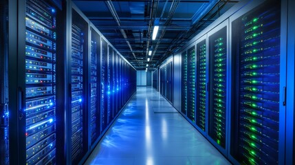 Fototapeta premium A brightly lit server room with rows of sleek, modern servers, blue and green LED lights flickering on the racks, cables neatly organized and running across the floor