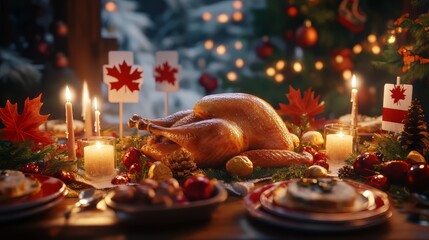 Canadian thanksgiving or christmas table with roasted turkey, candles, canadian flags, maple leaves decorations. thanksgiving. 