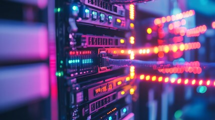 Fototapeta premium A close-up of a fiber optic cable connection in a server room, the cables glowing faintly with transmitted data, the lights of the servers flickering in the background