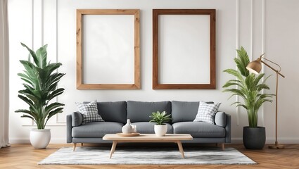 mock up poster frame in modern interior background, living room, minimalistic style,  3D...