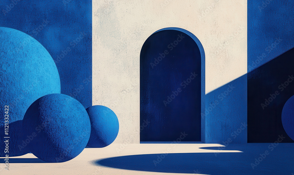 Poster minimalist abstract architecture with blue and white geometric forms