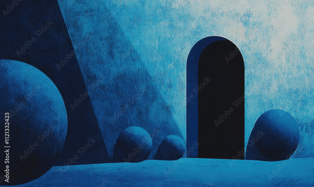 Poster mystical blue geometric shapes in abstract architecture with shadows
