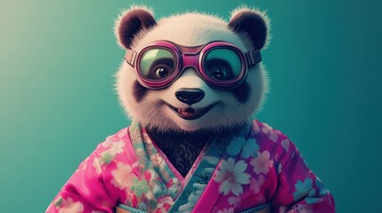 Fototapeta premium Cute Panda Wearing Goggles and Floral Kimono Against a Vibrant Teal Background