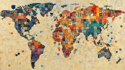 Colorful world map, vintage style, detailed geographical art, vibrant global decor, heart accents, international postage stamps