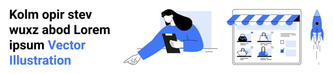 Woman holding a clipboard pointing towards an online store interface with a launching rocket. Ideal for business startups, e-commerce, online marketing, project management, technology advancements