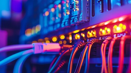 Naklejka premium A close-up of a fiber optic cable connection in a server room, the cables glowing faintly with transmitted data, the lights of the servers flickering in the background