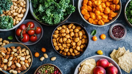 Air fryer placed on a dining table filled with healthy snacks, like roasted nuts and kale chips, with bowls of fresh produce nearby