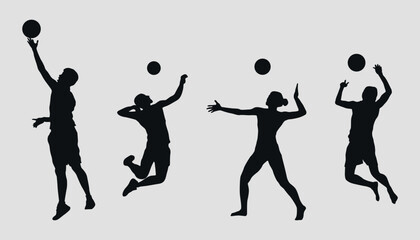 Black silhouettes of volleyball players. Vector on gray background