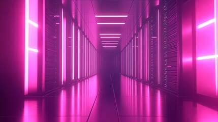 Fototapeta premium A futuristic server room with transparent glass walls, sleek servers with holographic interfaces, glowing softly with various colored lights, creating a futuristic cyberpunk feel