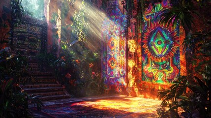 Mystical light and ancient patterns in a tropical jungle temple digital art