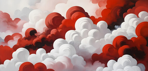 "An abstract 3D artwork featuring red and white clouds, creating a dynamic and vibrant display of contrasting hues."