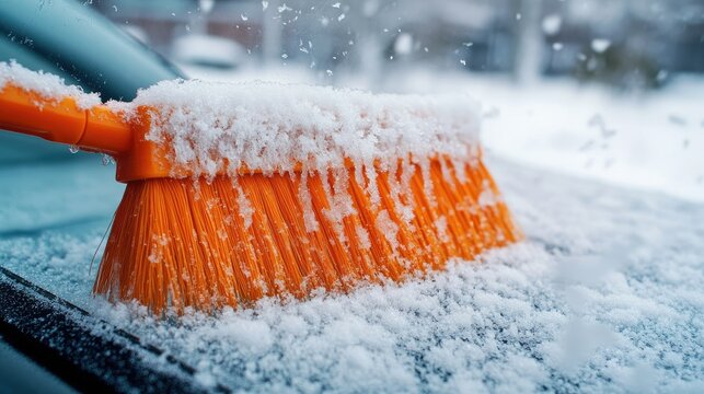 An orange snow brush sweeping away icy buildup on a windshield, the surrounding area blanketed in fresh snow