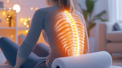 A woman sits with a foam roller, showcasing a glowing spine graphic, emphasizing back health and spinal alignment in a serene environment.