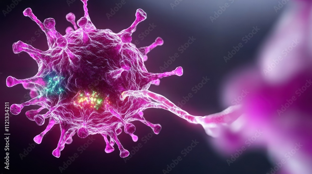 Poster microscopic view of a virus, showcasing its structure and features.