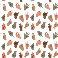 Seamless pattern Set of hands in doodle style isolated human hands. Vector different man woman hands showing victory sign, V, okay, five, class, thumb up.
